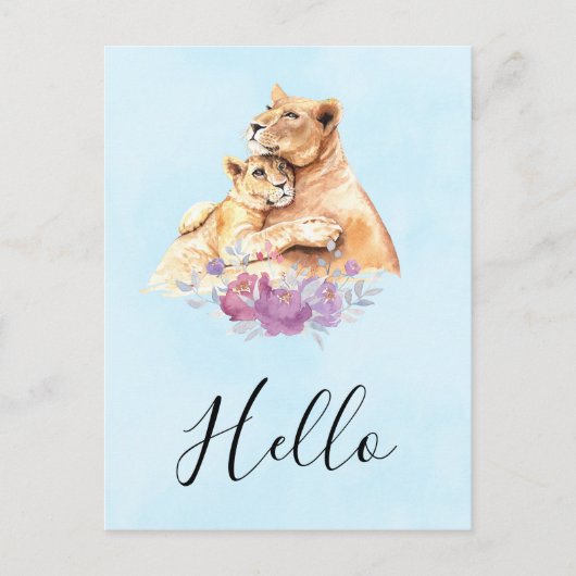 Carte Postale Aquarelle mignonne Mère Lion & Cub Bonjour (Devant)