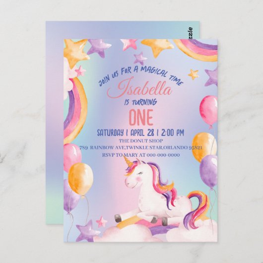 Carte Postale Aquarelle mignonne pastel Unicorns Arc-en-ciel Ann (Devant / Derrière)