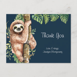 Carte Postale Aquarelle mignonne Sloth & Merci Feuille Tropical