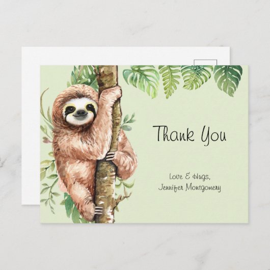 Carte Postale Aquarelle mignonne Sloth & Merci Feuille Tropical (Devant / Derrière)