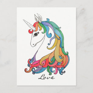 Carte Postale Aquarelle mignonne unicorne arc-en-ciel