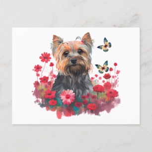 Carte Postale Aquarelle mignonne Yorkshire Terrier Chiot & Fleur