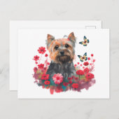 Carte Postale Aquarelle mignonne Yorkshire Terrier Chiot & Fleur (Devant / Derrière)
