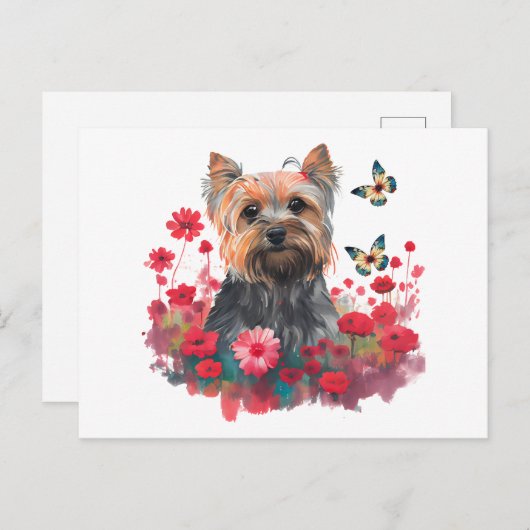Carte Postale Aquarelle mignonne Yorkshire Terrier Chiot & Fleur (Devant / Derrière)