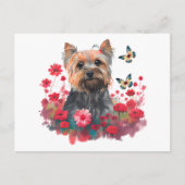 Carte Postale Aquarelle mignonne Yorkshire Terrier Chiot & Fleur (Devant)