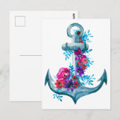 Carte Postale Aquarelle moderne Ancre florale bleu marine (Devant / Derrière)
