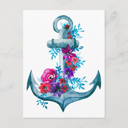 Carte Postale Aquarelle moderne Ancre florale bleu marine (Devant)