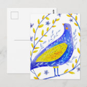 Carte Postale Aquarelle moderne Bleu et Jaune Oiseau Art (Devant / Derrière)