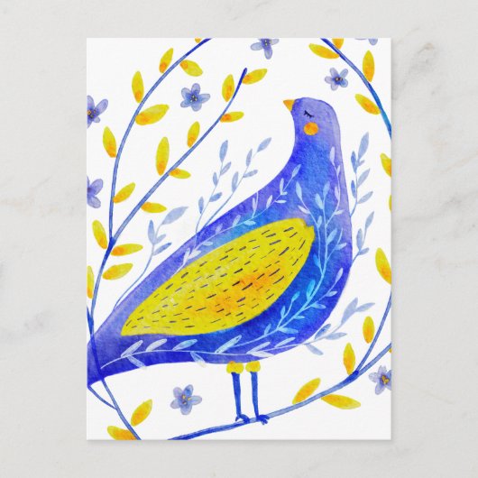 Carte Postale Aquarelle moderne Bleu et Jaune Oiseau Art (Devant)