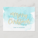 Carte Postale Aquarelle moderne Gold & Blue Christmas Beach<br><div class="desc">Belle aquarelle (plage) scène Noël Carte postale famille de vacances.   Bleu pastel clair,  turquoise avec MERRY CHRISTMAS en faux or parties scintillant.  Ajoutez vos souhaits de salutation de saison dans le dos. Parfait pour les vacances passées à destination sud.</div>