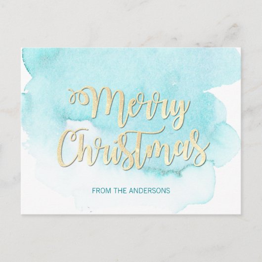 Carte Postale Aquarelle moderne Gold & Blue Christmas Beach (Devant)