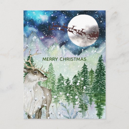 Carte Postale Aquarelle Nature Noël Père Noël Reindeer Deer (Devant)