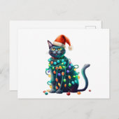 Carte Postale Aquarelle Noël Père Noël Cat Tree Lights (Devant / Derrière)