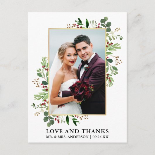 Carte Postale Aquarelle Noël Verdure Amour Merci Or (Devant)