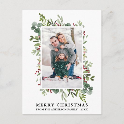 Carte Postale Aquarelle Noël Verdure Baies Photo Christmas (Devant)