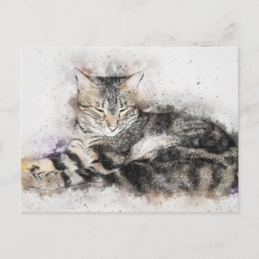 Carte Postale Aquarelle Noir Brown et Blanc Chat (Devant)