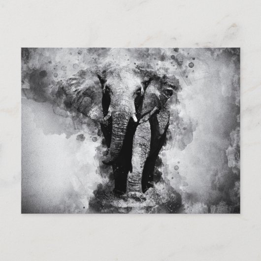 Carte Postale Aquarelle noire et blanche africaine Eléphant (Devant)