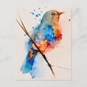 Carte Postale Aquarelle Oiseau Peinture Toile Mur Art Bleu Oisea