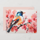 Carte Postale Aquarelle Oiseau Vibrant Dans La Forêt De Fleurs D (Devant / Derrière)