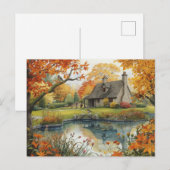 Carte postale aquarelle oiseaux automne maison nat (Devant / Derrière)