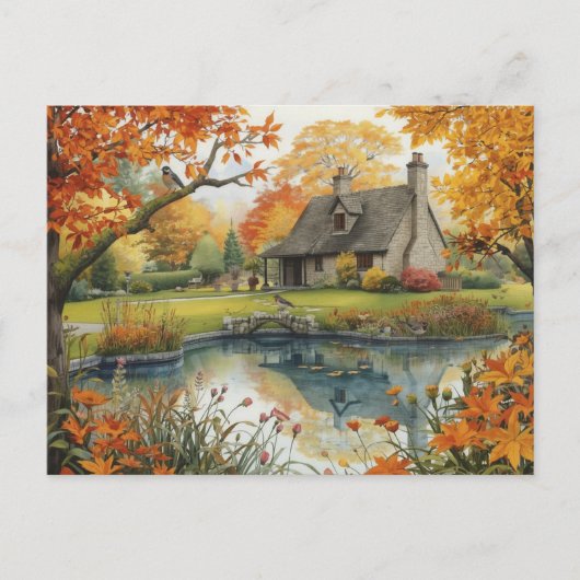 Carte postale aquarelle oiseaux automne maison nat (Devant)