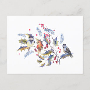 Carte Postale Aquarelle Oiseaux forestiers sauvages et Baies rou