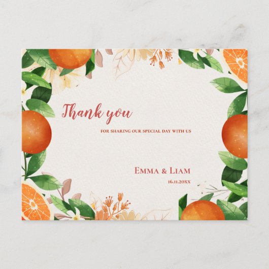 Carte Postale Aquarelle Orange Fruit Citrus Mariage Merci (Devant)