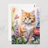 Carte Postale Aquarelle Orange Tabby Kitty Chat Dans Le Jardin F (Devant / Derrière)