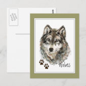 Carte Postale Aquarelle originale Loup gris - Traces animal (Devant / Derrière)