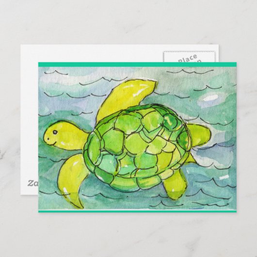 Carte Postale Aquarelle originale Sid'Silly Sea Turtle (Devant / Derrière)