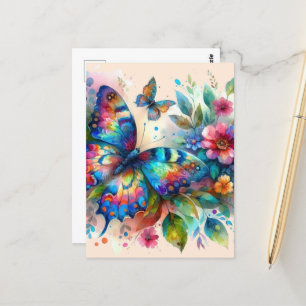 Carte Postale Aquarelle Papillon Floral Fleurs Bleu rose