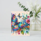 Carte Postale Aquarelle Papillon Floral Fleurs Bleu rose (Debout devant)