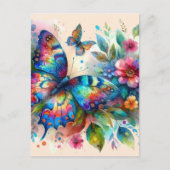 Carte Postale Aquarelle Papillon Floral Fleurs Bleu rose (Devant)