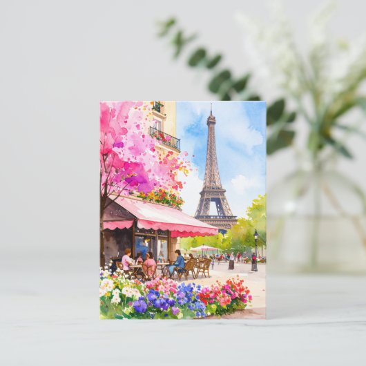 Carte Postale Aquarelle Paris Tour Eiffel & Café Retro (Debout devant)