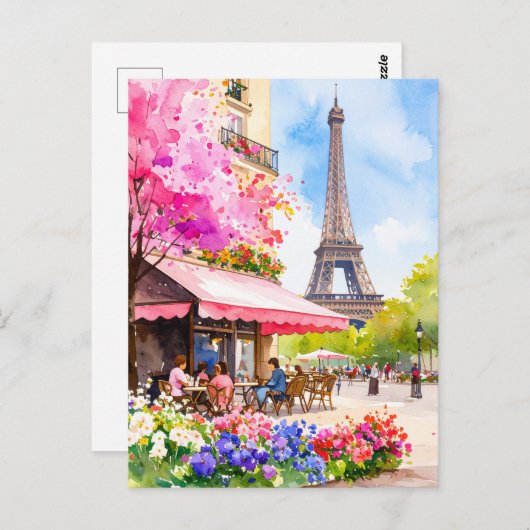 Carte Postale Aquarelle Paris Tour Eiffel & Café Retro (Devant / Derrière)