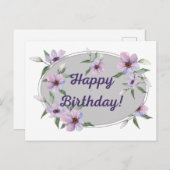 Carte Postale Aquarelle Pastel Fleurs Roses Joyeux Anniversaire (Devant / Derrière)