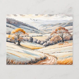 Carte Postale Aquarelle Pastel Paysage d'hiver ensoleillé