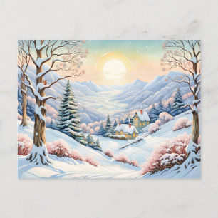 Carte Postale Aquarelle Pastel Paysage d'hiver ensoleillé