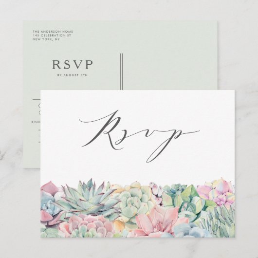 Carte Postale Aquarelle Pastel Succulents Garland Wedding RSVP (Devant / Derrière)