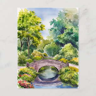 Carte Postale Aquarelle paysage vert pont jardin