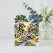 Carte Postale Aquarelle paysage vert pont jardin (Debout devant)