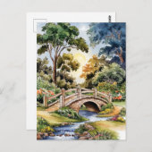 Carte Postale Aquarelle paysage vert pont jardin (Devant / Derrière)