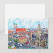 Carte Postale  Aquarelle peinture munich Marienplatz. Aérien. (Devant / Derrière)