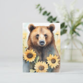 Carte Postale Aquarelle Peinture Ours Brown Et Fleurs De Soleil (Debout devant)