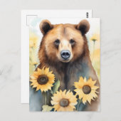 Carte Postale Aquarelle Peinture Ours Brown Et Fleurs De Soleil (Devant / Derrière)