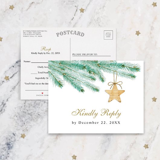Carte Postale Aquarelle Pine Boughs Mariage d'hiver RSVP