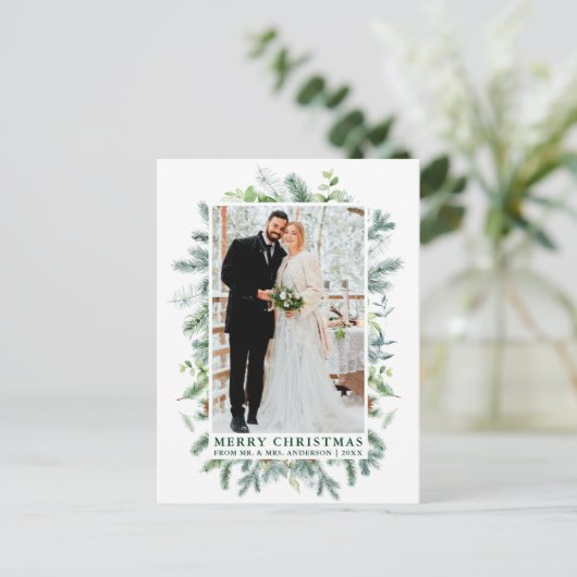 Carte Postale Aquarelle Pine Mariage photo Noël Vert (Debout devant)
