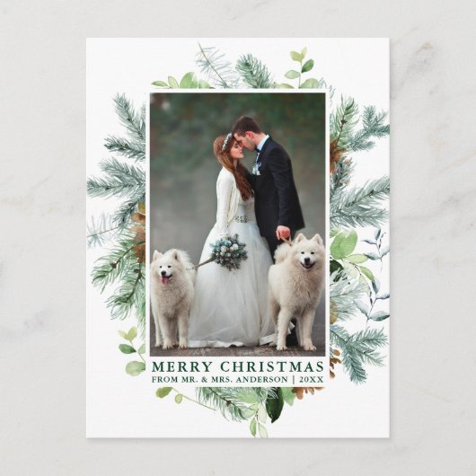 Carte Postale Aquarelle Pine Mariage photo Vert Noël (Devant)