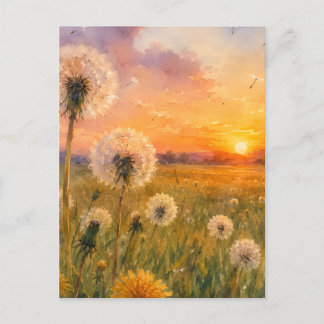Carte Postale Aquarelle Pissenlits au Paysage de Prairie au Couc