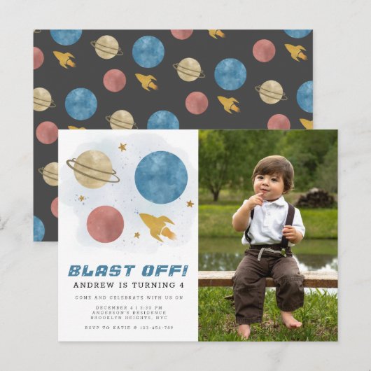 Carte Postale Aquarelle Planète Espace Extérieur 4e anniversaire (Devant / Derrière)